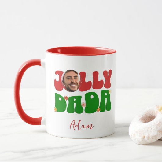 Retro Jolly Dada Custom Naam & Foto Kerstmis Mok (Met donut)