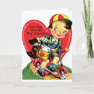Retro Jongen op Autoped met Puppy Valentijn Feestdagen Kaart