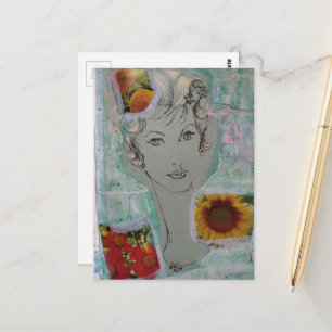 Retro kapsel vrouw en bloemen collage briefkaart
