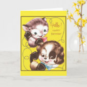 Retro kat en hond verjaardag Wenskaart Kaart (Gele Bloem)