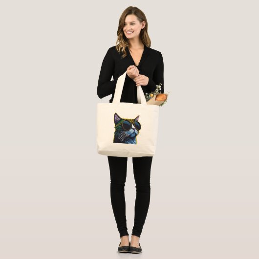 Retro kat: gele glazen charme grote tote bag (Voorkant (model))