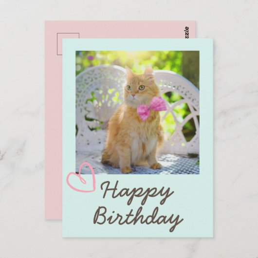 Retro kat in het lint en gelukkige verjaardag  briefkaart (Voorkant / Achterkant)