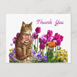 Retro kat in tulpen tuin bedankkaart briefkaart