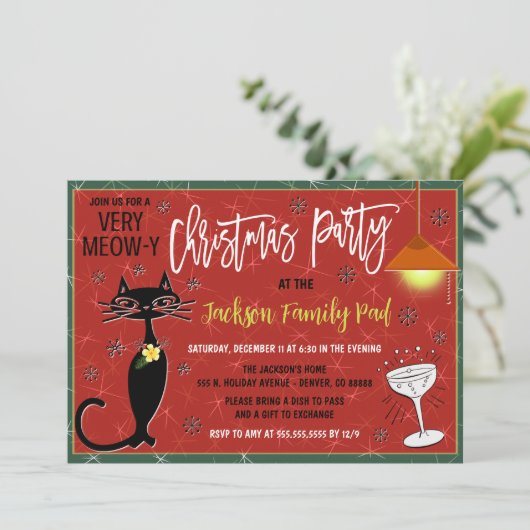 Retro Kat Kerstmis Cocktail Party Uitnodiging (Staand voorkant)