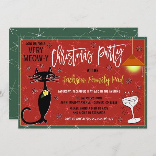 Retro Kat Kerstmis Cocktail Party Uitnodiging (Voorkant / Achterkant)