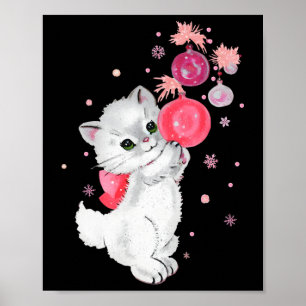 Retro kat kitten speelt met roze kerst ornamen poster