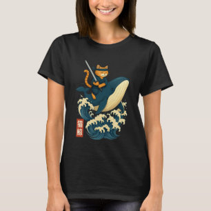 Retro kat ninja die op een walvis rijdt Japanse Uk T-shirt