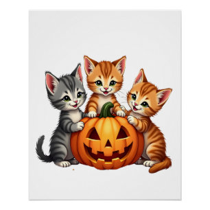 Retro kat pompoen halloween bloemmotief jaren 90 perfect poster