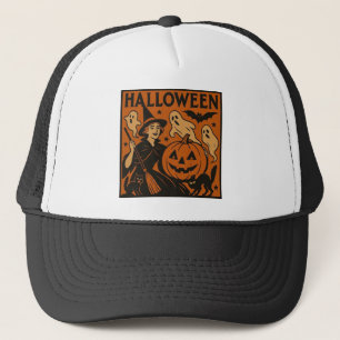 /retro kat, spook, pompoen & heks trucker pet