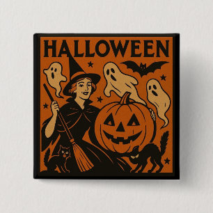 /retro kat, spook, pompoen & heks vierkante button 5,1 cm