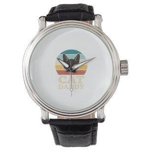 Retro Kat Vader Zwarte Kat Retro Zonsondergang Shi Horloge