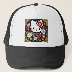 Retro Kawaii Kat in Goud Lijst met Bloemen Trucker Pet