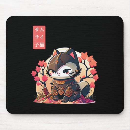 Retro Kawaii Samurai Cat met Cherry Blossom Tree Muismat (Voorkant)