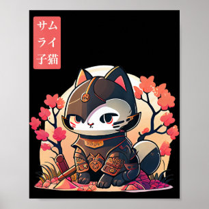 Retro Kawaii Samurai Cat met Cherry Blossom Tree Poster