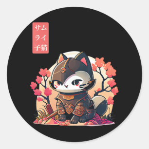 Retro Kawaii Samurai Cat met Cherry Blossom Tree Ronde Sticker