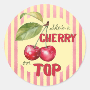 Retro Kersen Cafe Rood Geel Baby Shower Ronde Sticker