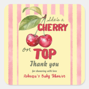 Retro Kersen Cafe Rood Geel Baby Shower Vierkante Sticker