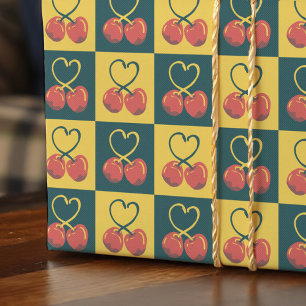 Retro Kersen Hartvormige Stelen Turquoise Mosterd  Cadeaupapier
