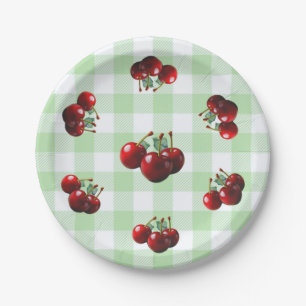 Retro kersen vers geplukt groene geruite stof papieren bordje