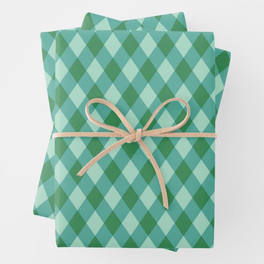 Retro Kerst Diamant Geruit - Groen & Turkoois Inpakpapier Vel (In situ)