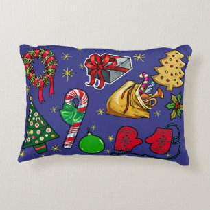 Retro Kerst Kleurrijk Blauw Rood Groen Accent Kussen