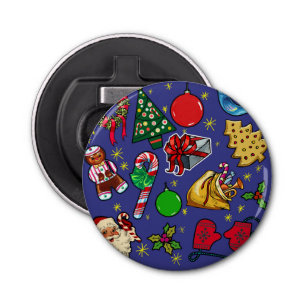 Retro Kerst  Kleurrijk Blauw Rood Groen Button Flesopener
