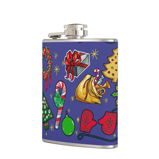 Retro Kerst Kleurrijk Blauw Rood Groen Heupfles (Links)