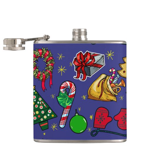 Retro Kerst  Kleurrijk Blauw Rood Groen Heupfles (Geopend)