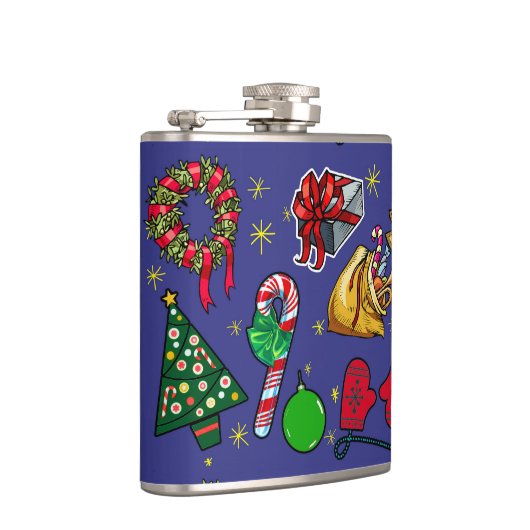 Retro Kerst  Kleurrijk Blauw Rood Groen Heupfles (Rechts)