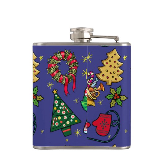 Retro Kerst  Kleurrijk Blauw Rood Groen Heupfles (Achterkant)