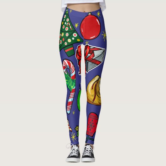 Retro Kerst  Kleurrijk Blauw Rood Groen Leggings (Voorkant)