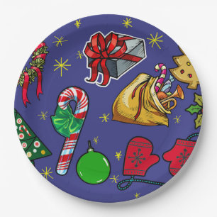 Retro Kerst  Kleurrijk Blauw Rood Groen Papieren Bordje