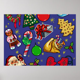 Retro Kerst Kleurrijk Blauw Rood Groen Poster