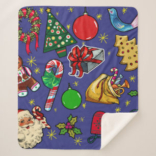 Retro Kerst Kleurrijk Blauw Rood Groen Sherpa Deken