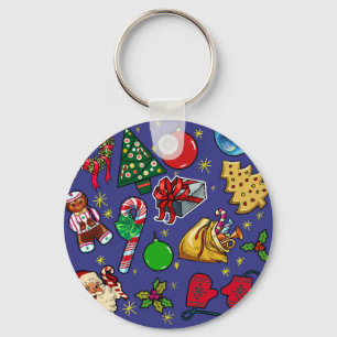 Retro Kerst Kleurrijk Blauw Rood Groen Sleutelhanger
