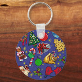Retro Kerst  Kleurrijk Blauw Rood Groen Sleutelhanger (Voorkant)