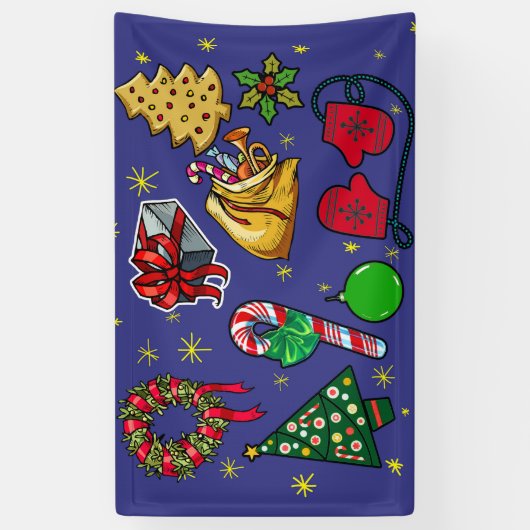 Retro Kerst Kleurrijk Blauw Rood Groen Spandoek (Verticaal)