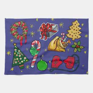 Retro Kerst Kleurrijk Blauw Rood Groen Theedoek