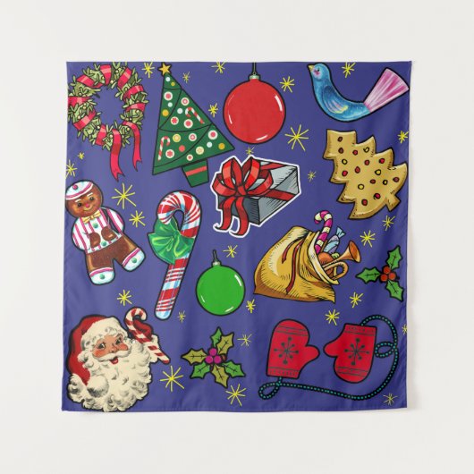 Retro Kerst Kleurrijk Blauw Rood Groen Wandkleed (Voorkant)