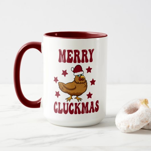 Retro kerst Merry Cluckmas Funny Chicken Mok (Met donut)