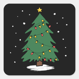 Retro Kerst Merry Kerstboom Lichtjes  Vierkante Sticker