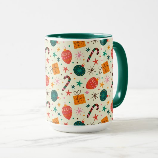 Retro Kerst Ornament en Cadeaupatroon Mok (Voorkant rechts)