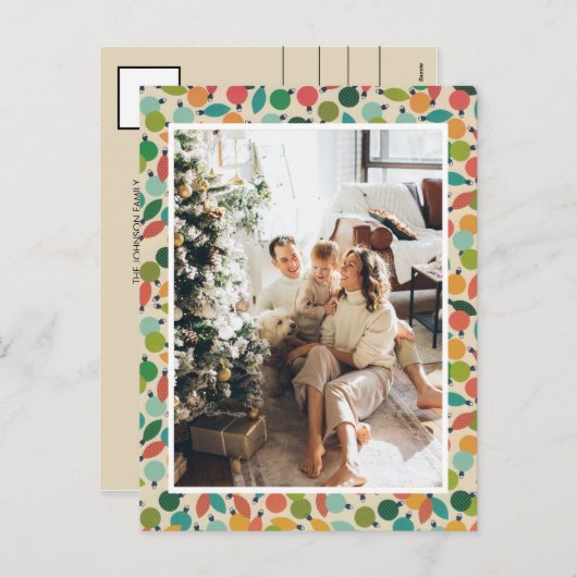 Retro Kerst Ornamenten en Lichten Feestdagenkaart (Voorkant / Achterkant)