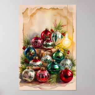Retro Kerst Ornamenten Wall Art Print