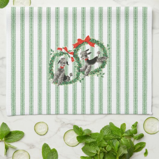 Retro Kerst Poedels groen en witte streep Theedoek (Gevouwen)