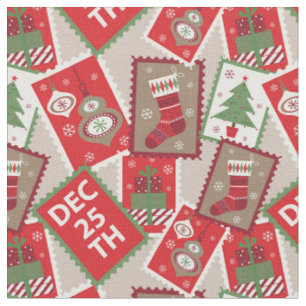 Retro Kerst Postzegel Collage Stof