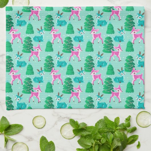 Retro Kerst Rendieren op Aqua Theedoek (Gevouwen)