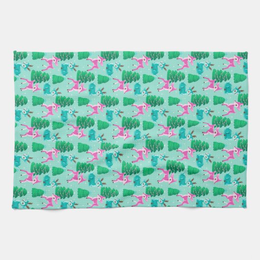 Retro Kerst Rendieren op Aqua Theedoek (Horizontaal)