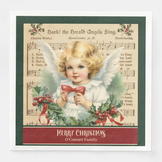 Retro Kerst Servetten Monogram Engel Tafel Gift (Voorkant)