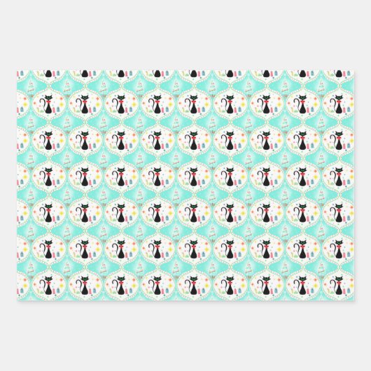 Retro kerst Siamese Cat Ogee Pattern Inpakpapier Vel (Voorkant 3)